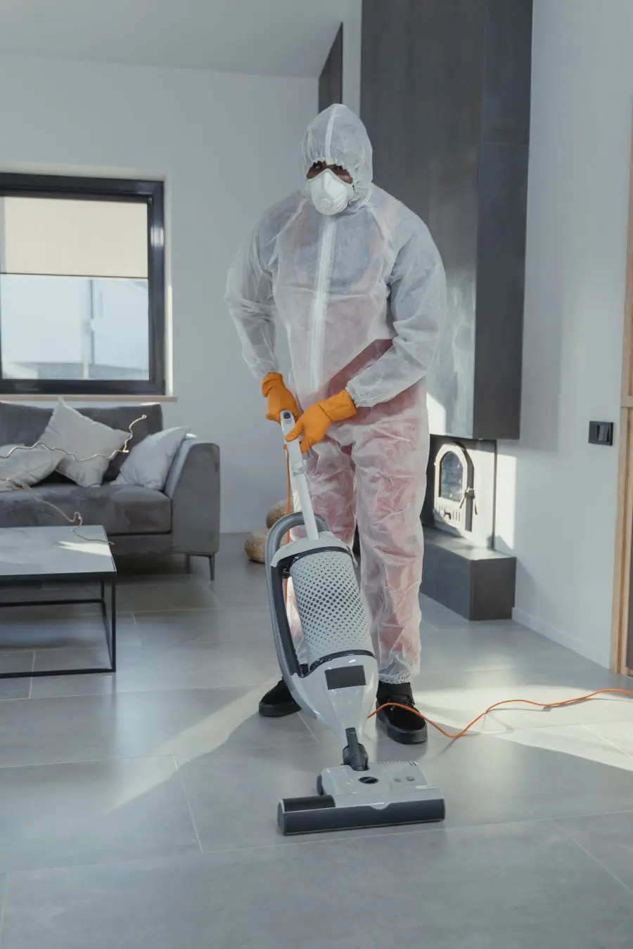 A technician in a white suit vacuuming a bright floor.