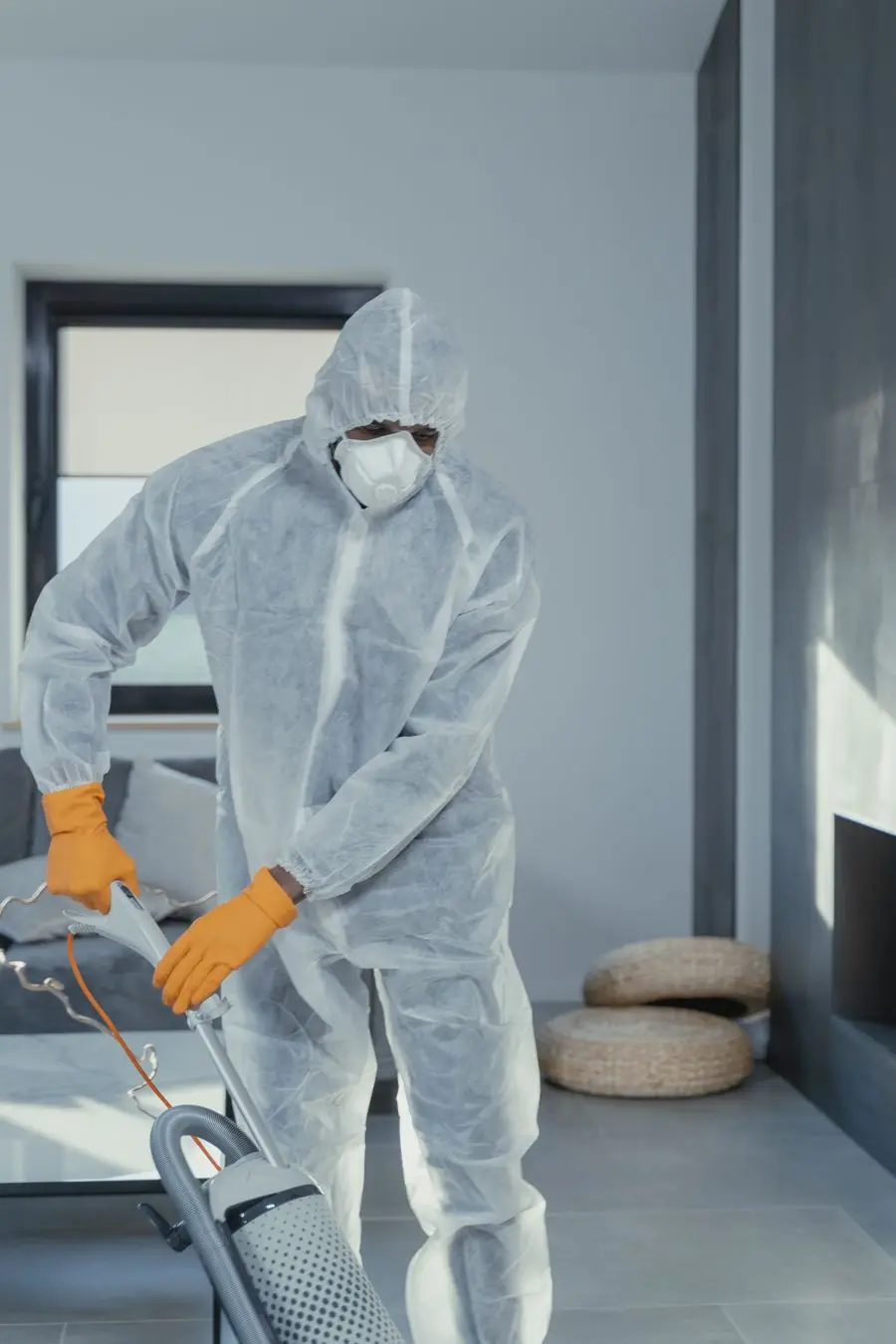 A technician in a white suit, mask, and gloves cleaning in a bright room.